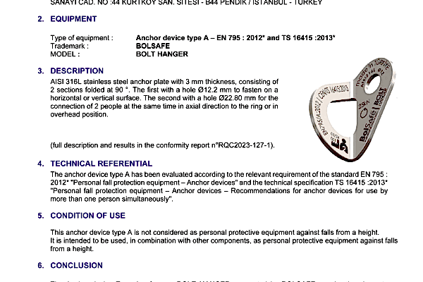 RQC2023-127 A_BOLSAFE Bolt Hanger Ürün Sertifikası sertifika kulak ankrajı